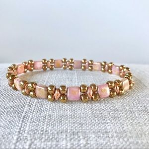 Rose Gold Minimalist Stretch Bracelet Beaded Pink